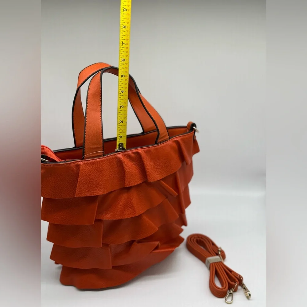 NWOT Orange Ruffle Layered Tote Bag with Handles & Zip - Picture 9 of 11